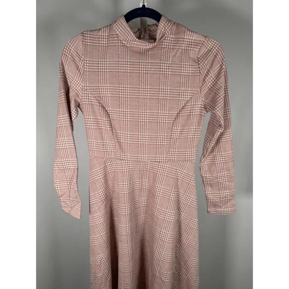 NWT Halara High Neck Houndstooth Plaid Long Sleeve Midi Work Dress Pink - Small - Picture 3 of 6